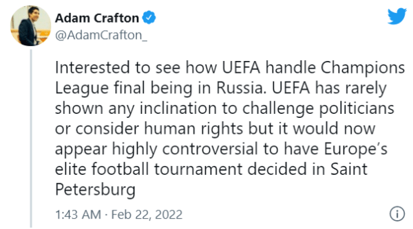 «Біць трэба жорстка і на ўсіх франтах – пазбавіць Санкт-Пецярбург фіналу ЛЧ». Рэакцыя спорту на прызнанне Пуціным тэрарыстаў «ДНР» і «ЛНР»