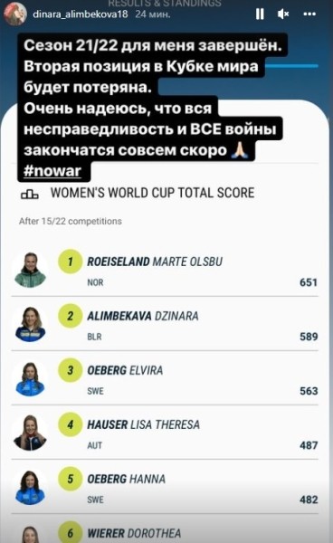 Биатлон.  Динара Алимбекова: сезон для меня завершен. Очень надеюсь, что вся несправедливость и все войны закончатся совсем скоро
 