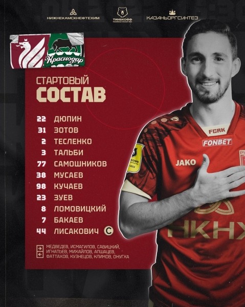 Футбол.  Виталий Лисакович будет капитаном "Рубина" в матче чемпионата России с "Краснодаром"
 