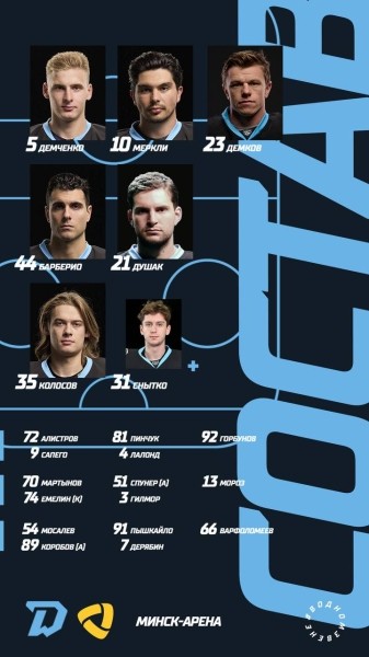 Хоккей.  КХЛ. "Динамо" Мн: — "Северсталь": Колосов в воротах, в первом звене атаки Демченко — Меркли — Демков
  