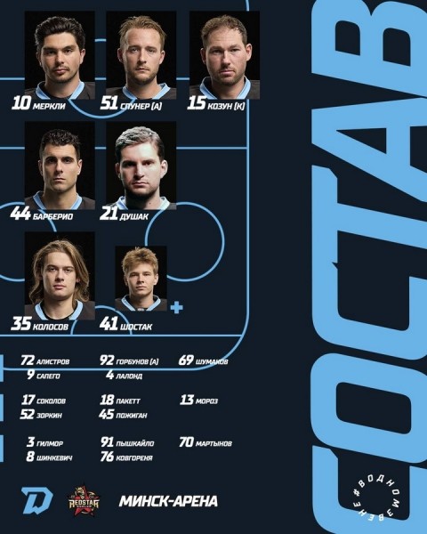 Хоккей.  КХЛ. "Динамо" Мн — "Куньлунь": Колосов в воротах, в первом звене атаки Меркли, Спунер и Козун
  