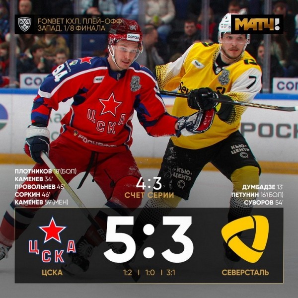 Хоккей.  Кубок Гагарина. Шайба Александра Суворова не спасла "Северсталь" от поражения от ЦСКА и вылета из плей-офф
 